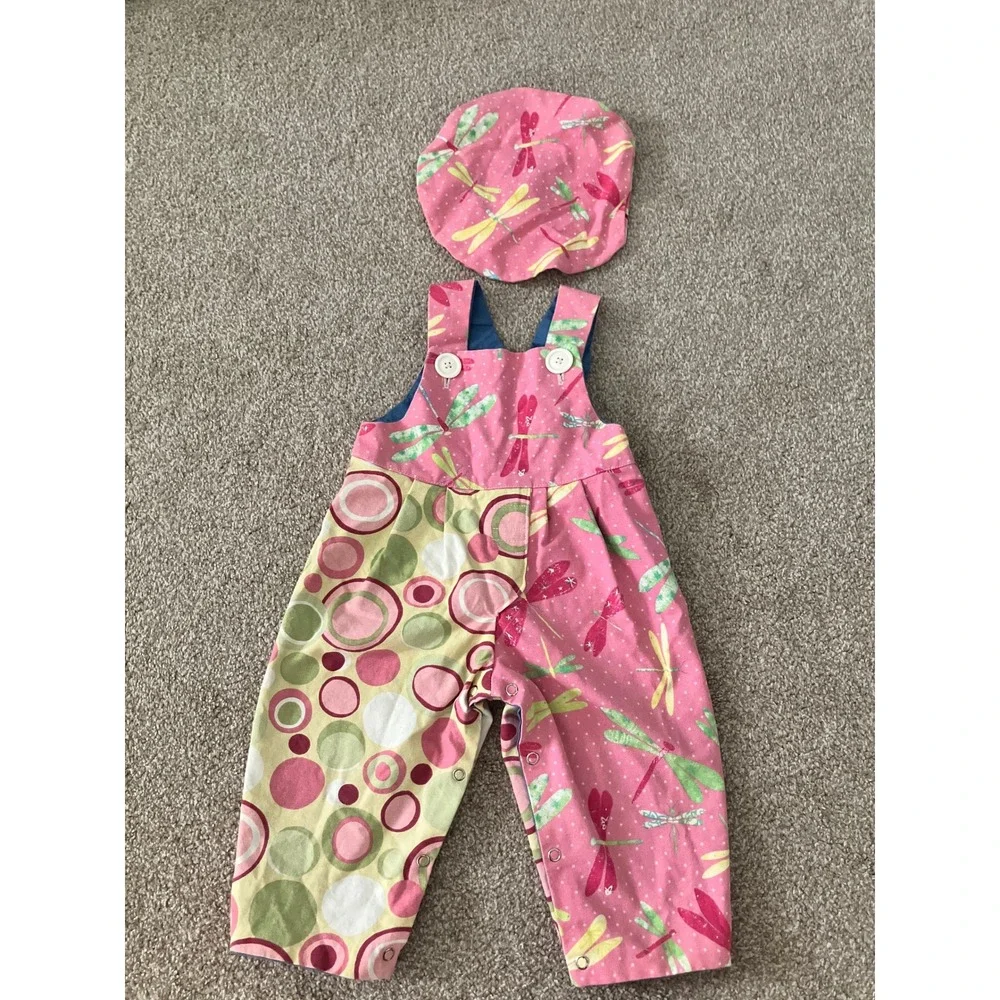Vintage Gallagher's Garden Baby Dragonfly Snap Up Overall Hat Set Size 12 Months